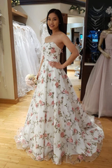 A Line Floral Long Prom Dresses Strapless Beautiful Flower Printed Prom Dress DMR43