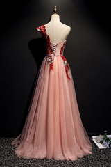 A Line Pink One Shoulder Tulle Red Applique Long Prom Dress Evening Dress DMR97