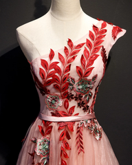 A Line Pink One Shoulder Tulle Red Applique Long Prom Dress Evening Dress DMR97