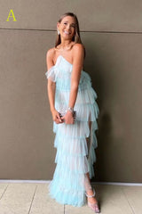 New Style Halter Ruffles Tulle Prom Dresses With Slit, Long Backless Party Dress DMP116