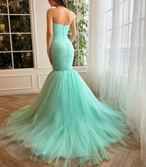 Sweetheart Mint Green Mermaid Tulle Prom Dress, Strapless Formal Evening Gown DMP267