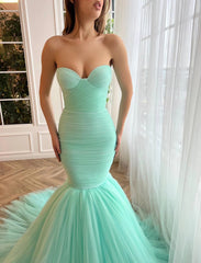 Sweetheart Mint Green Mermaid Tulle Prom Dress, Strapless Formal Evening Gown DMP267