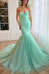 Sweetheart Mint Green Mermaid Tulle Prom Dress, Strapless Formal Evening Gown DMP267