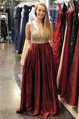 Burgundy A-line Beaded Prom Dresses V-neck Formal Dresses With Pockets DMKK49
