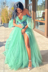 A-Line Off-the-Shoulder Green Tulle 3D Floral Lace Long Prom Dress DMP275