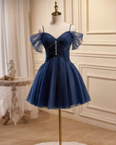 A-line Off-the-shoulder Short Prom Dress Dark Navy Homecoming Dress Cocktail Dresses lop257|Selinadress