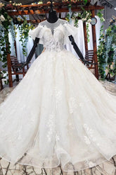Elegant Ball Gown Big Wedding Dresses, Appliques Bridal Dress with Short Sleeves DMN73