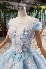 Princess Light Sky Blue Prom Dress with Flowers, Ball Gown Quinceanera Dress DMP50
