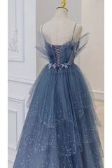 Dusty Blue Sparkly Tulle Beaded Prom Dress, Tiered Formal Gown With Rhinestone DM1932