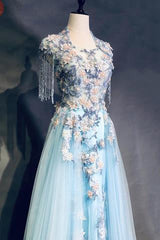 Light Blue Cap Sleeves Prom Dress with Beading, Formal Evening Dress DMN42