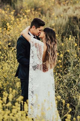 Ivory Wedding Dresses with Batwing Sleeve Lace Backless Bridal Dresses DMN89