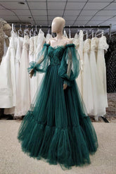 Puff Long Sleeves Off The Shoulder Lace Appliques Tulle Ball Gown Prom Dress DMP261