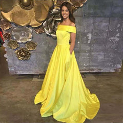 Yellow Off The Shoulder A Line Prom Dress,Long Evening Gown With Pockets DMJ67