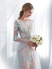 Colored Wedding Dresses Elegant Lace Long Sleeve Prom Dresses With Train DMP187