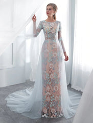 Colored Wedding Dresses Elegant Lace Long Sleeve Prom Dresses With Train DMP187