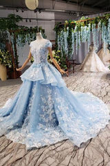 Princess Light Sky Blue Prom Dress with Flowers, Ball Gown Quinceanera Dress DMP50