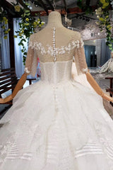 Ball Gown Half Sleeves Lace Bridal Dress with Sequins, Princess Long Wedding Dress DMN72