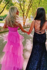 A Line Hot Pink New Arrival Spaghetti Straps Floor Length Prom Dresses With Ruffles DMP114