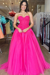 Chic A-line Tulle Sweetheart Long Prom Dress Fuchsia Elegant Evening Dress DMP303