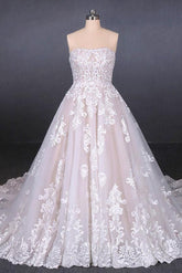 A Line Strapless Lace Appliques Wedding Dress, Cheap Bridal Dresses DMQ16