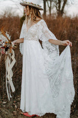 Lace V Neck Backless Boho Wedding Dress A Line Lace Beach Bridal Gown DMW36