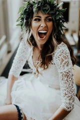 Boho Ivory Chiffon 3/4 Sleeves Two Piece Cheap Wedding Dress DMN88