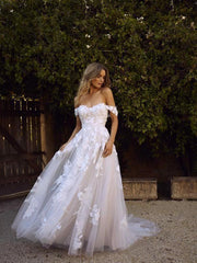 Simple A-Line Off the Shoulder White Beach Wedding Dresses DMM89
