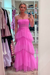 A Line Hot Pink New Arrival Spaghetti Straps Floor Length Prom Dresses With Ruffles DMP114