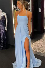 Sky Blue Chiffon Prom Dresses Halter Sheath Long Evening Party Dress DM1937