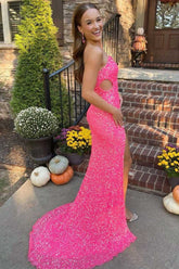 Hot Pink One Shoulder Cap Sleeves Sequined Long Prom Party Dress DMP274