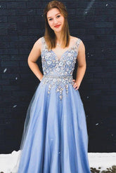 Gorgeous A-Line Appliques Floral Sky Blue Long Prom Dress DMO2