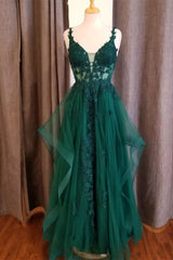 Hunter Green Flower Straps Deep V Neck Appliques Ruffles Long Prom Dress DR1487