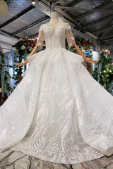 Ball Gown Half Sleeves Lace Bridal Dress with Sequins, Princess Long Wedding Dress DMN72