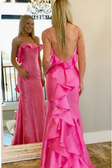 Hot Pink Spaghetti Straps Satin Mermaid Prom Dress with Ruffles, Formal Evening Gown DMP227