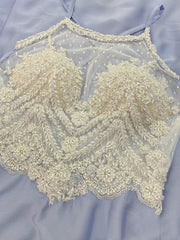 Halter Neckline Lilac Chiffon Lace Appliques Long Prom Dresses DMS85