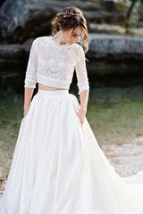 Ivory Lace Top Two Pieces Wedding Dresses Gorgegous Sweep Train Wedding Gowns With Pockets DMP84