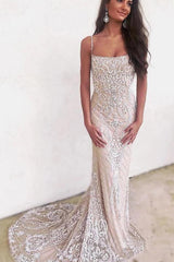 Spaghetti Straps Mermaid Ivory Lace Long Cheap Prom Dresses DMN11