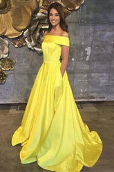 Yellow Off The Shoulder A Line Prom Dress,Long Evening Gown With Pockets DMJ67