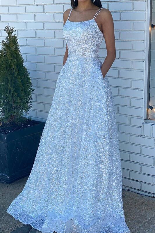 White Sequin A Line Long Prom Dress with Pockets Formal Evening Party Gown DMP178 White Sequin A Line Long Prom Dress with Pockets Formal Evening Party Gown DMP178
