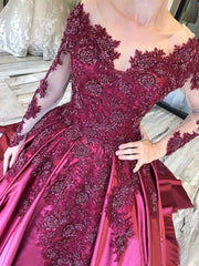 Long Sleeves Lace Appliques Burgundy Court Train Ball Gown Prom Dresses DMS8