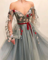 Chic Off The Shoulder Long Sleeves A Line Tulle Long Prom Dress With Flowers DMP182