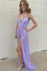 Lavendder Deep V Neck Spaghetti Straps Sequined Prom Evening Gowns, Sparkly Long Prom Dress DMP198
