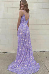 Lavendder Deep V Neck Spaghetti Straps Sequined Prom Evening Gowns, Sparkly Long Prom Dress DMP198