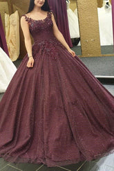 Burgundy Long Formal Ball Gown Prom Dresses With Lace Applique DMK52