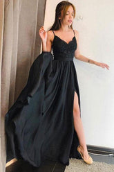 Stunning A-line Spaghetti Straps Long Black Prom Dress with Split DMJ63