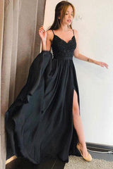 Stunning A-line Spaghetti Straps Long Black Prom Dress with Split DMJ63