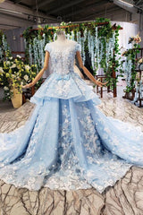 Princess Light Sky Blue Prom Dress with Flowers, Ball Gown Quinceanera Dress DMP50