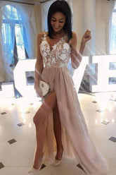 Spaghetti Strap Floral Long Prom Dresses With Slit DMO87