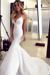 Spaghetti Strap V Neck Lace Long Mermaid Prom Dress DML45