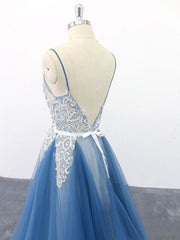 Spaghetti Straps A Line Party Dresses Appliques Blue Tulle Prom Dresses DMS13